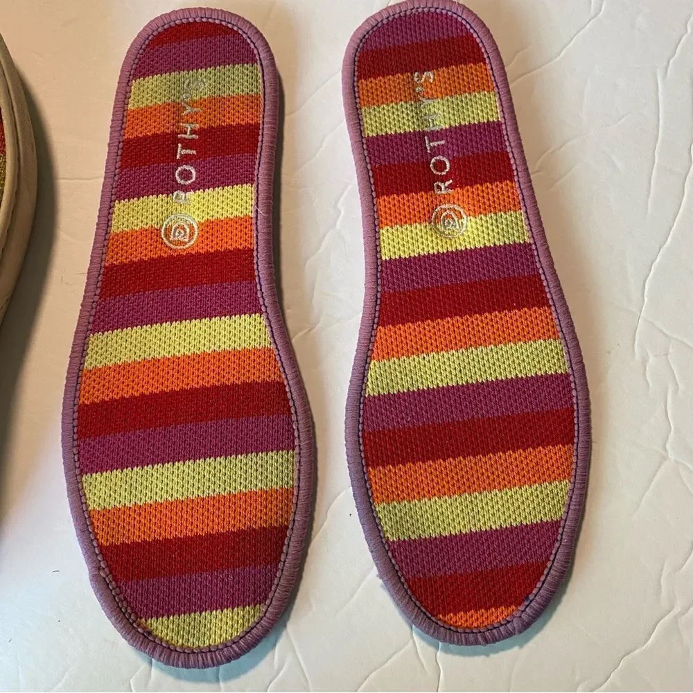 Rothy's Pink Candy Stripe white rainbow slip on sneaker shoes flats round kids 3